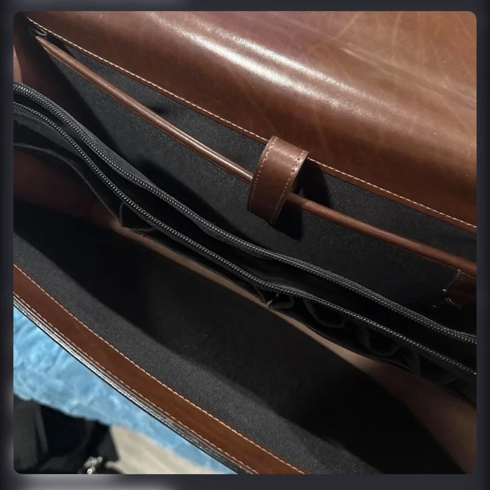 Men's Brown Leather Briefcase with Top Handle and Lock